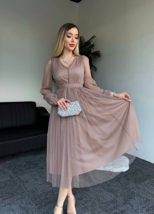 Elegant Tulle V-Neck Midi Dress with Sheer Sleeves