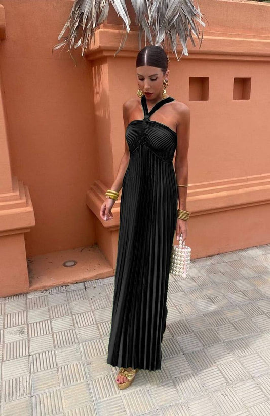 Elegant Black Pleated Halter Neck Maxi Dress