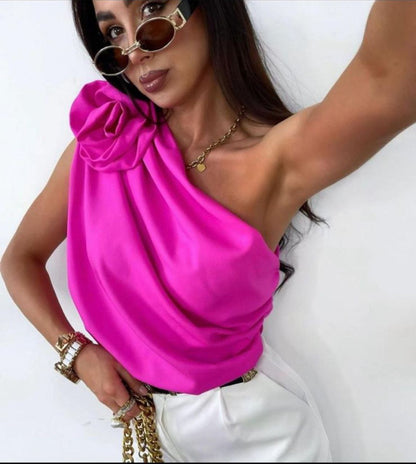 Rosette Draped One-Shoulder Top in Vibrant