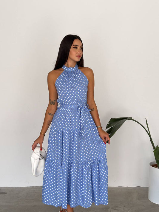 Chic Polka Dot Halter Neck Midi Dress