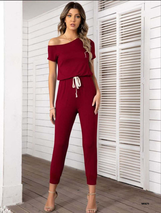 Chic Red Drawstring Waist Jumpsuit