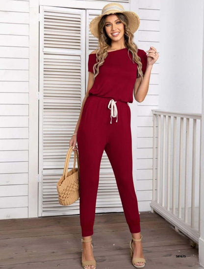 Chic Red Drawstring Waist Jumpsuit