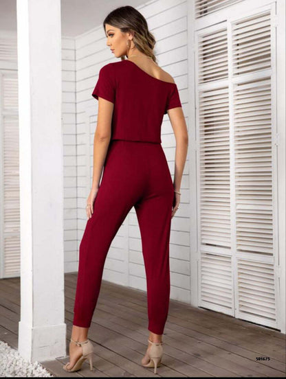 Chic Red Drawstring Waist Jumpsuit