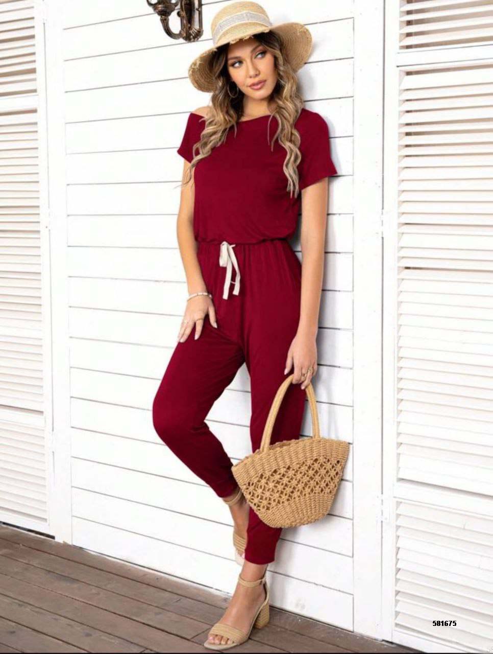 Chic Red Drawstring Waist Jumpsuit