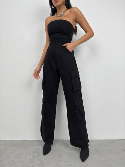 Cargo Pocket Strapless Denim Jumpsuit