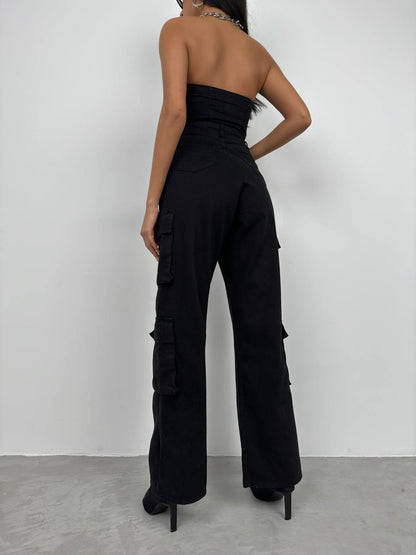 Cargo Pocket Strapless Denim Jumpsuit