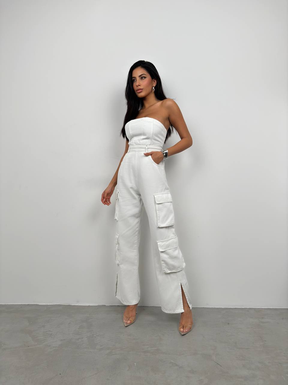 Cargo Pocket Strapless Denim Jumpsuit