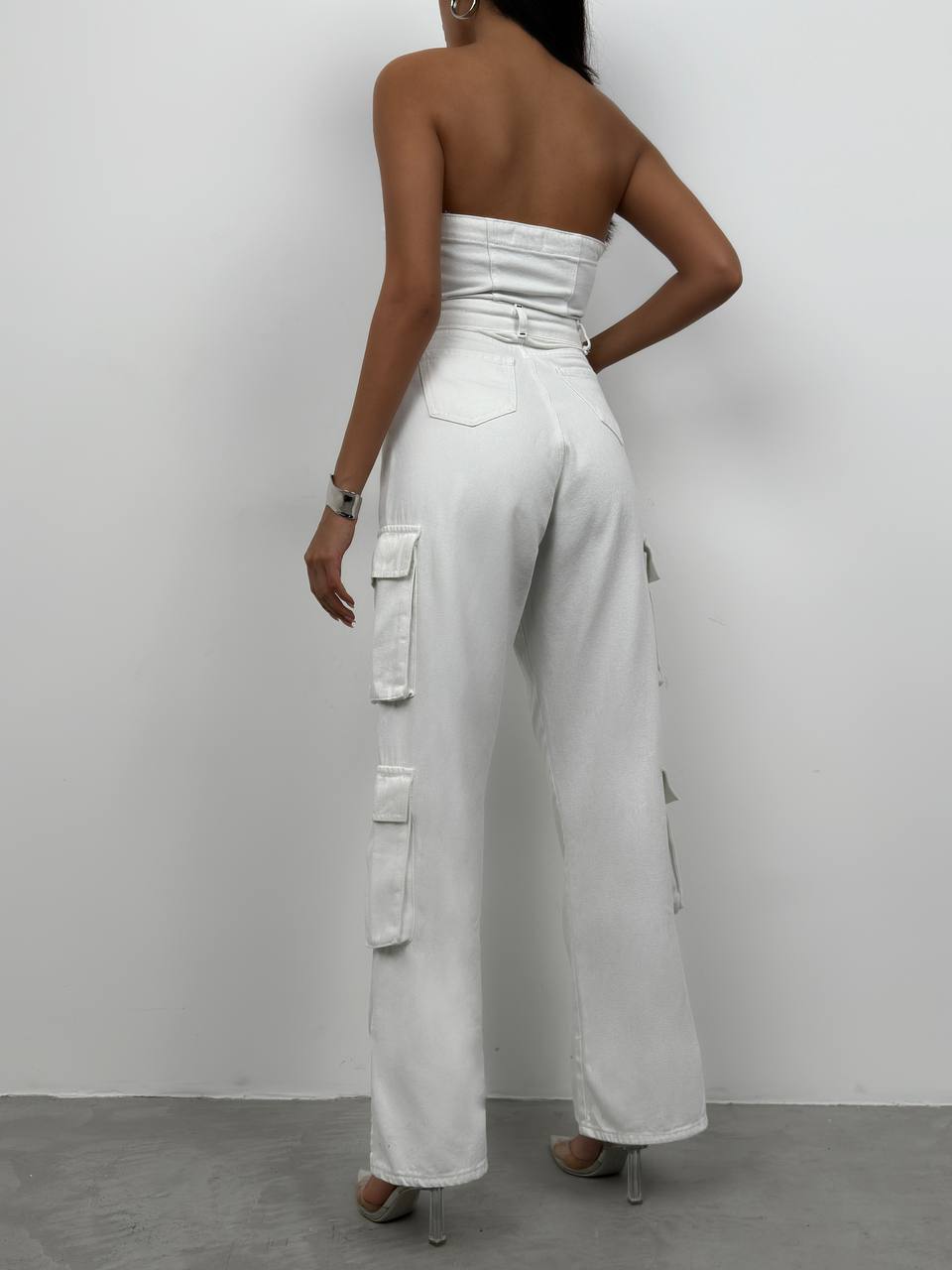 Cargo Pocket Strapless Denim Jumpsuit