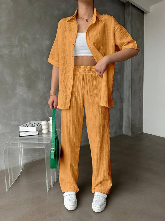 Chic Textured Two-Piece Set - Relaxed Fit Shirt and Trousers