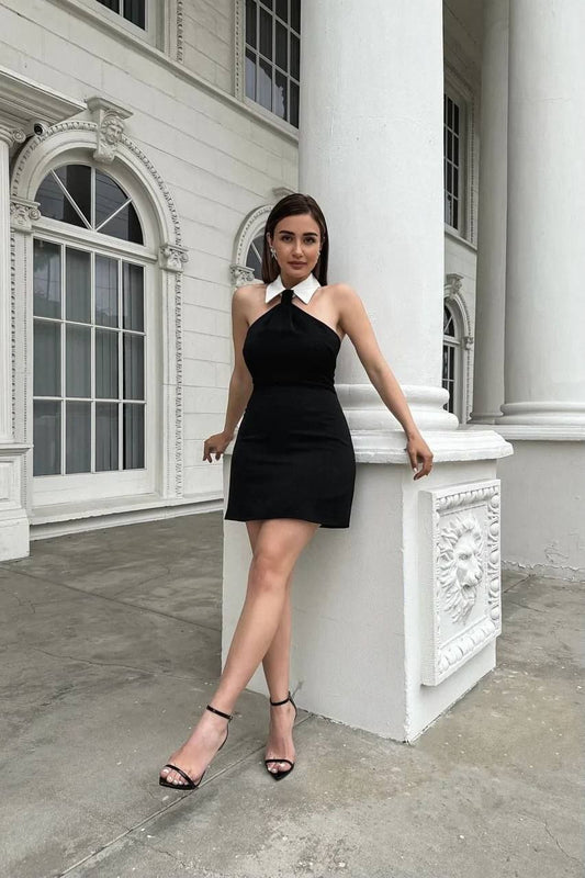 Elegant Black Halter Neck Cocktail Dress