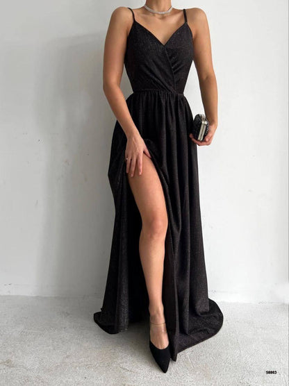 Elegant Shimmering Satin Evening Gown with High Slit