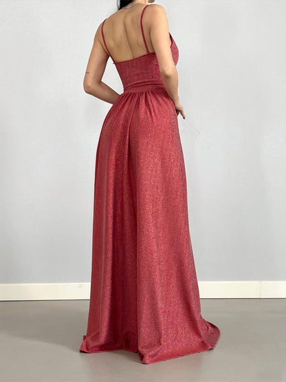 Elegant Shimmering Satin Evening Gown with High Slit