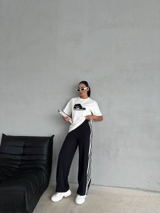 Sporty Chic Graphic Tee and Striped Track Pants Set