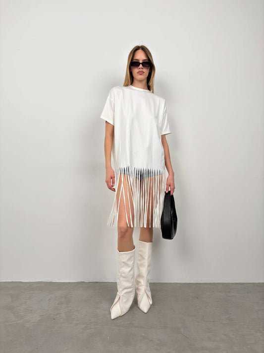 Chic White Fringe Hem T-Shirt