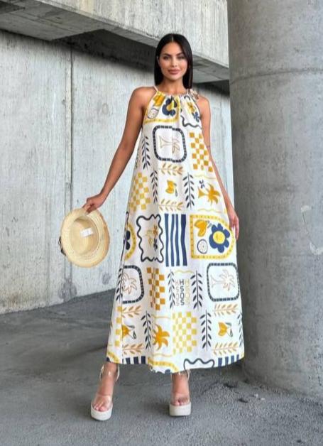 Colorful Abstract Print Halter Neck Maxi Dress