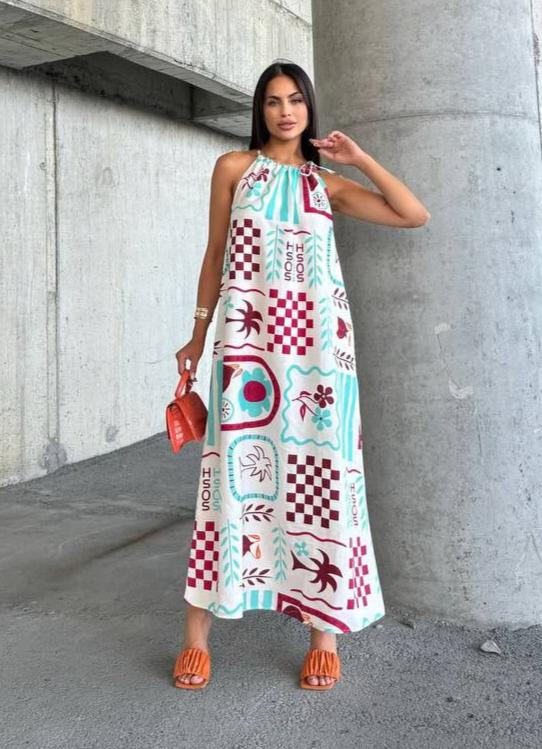 Colorful Abstract Print Halter Neck Maxi Dress