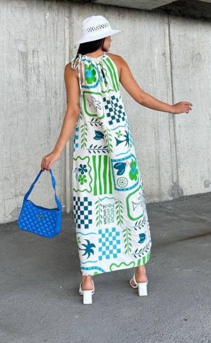 Colorful Abstract Print Halter Neck Maxi Dress