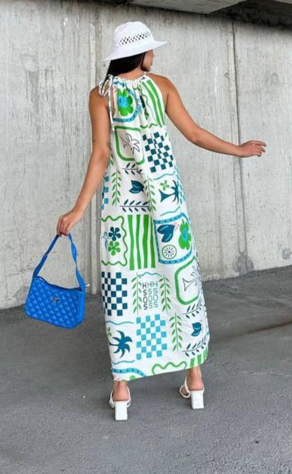 Colorful Abstract Print Halter Neck Maxi Dress