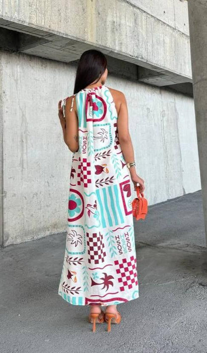 Colorful Abstract Print Halter Neck Maxi Dress