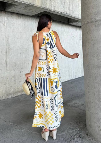 Colorful Abstract Print Halter Neck Maxi Dress