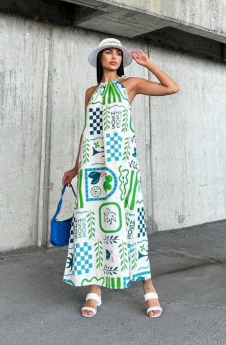 Colorful Abstract Print Halter Neck Maxi Dress