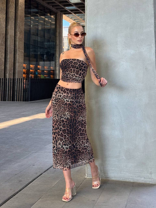 Chic Leopard Print Two-Piece Set - Strapless Crop Top & Slit Midi Skirt