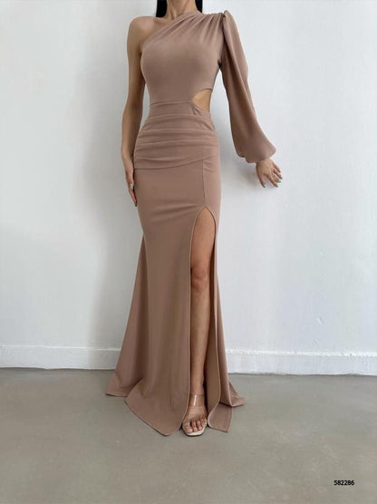 Elegant Asymmetrical Evening Gown with Thigh-High Slit