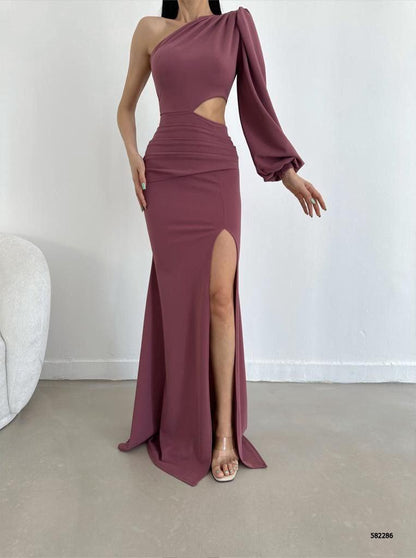 Elegant Asymmetrical Evening Gown with Thigh-High Slit