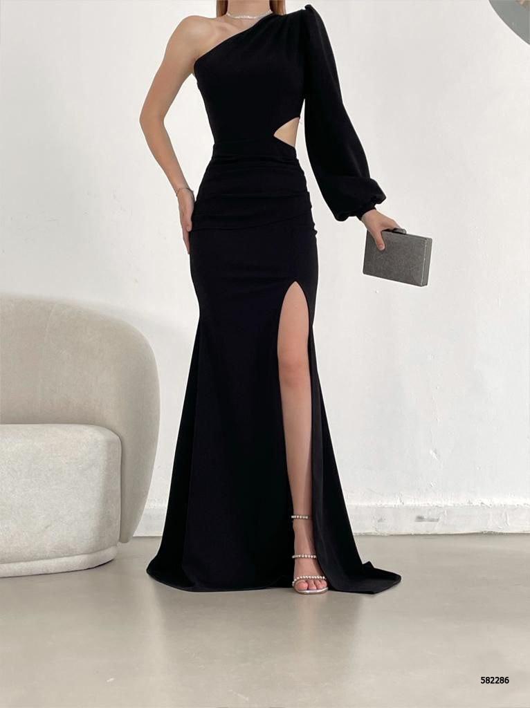 Elegant Asymmetrical Evening Gown with Thigh-High Slit