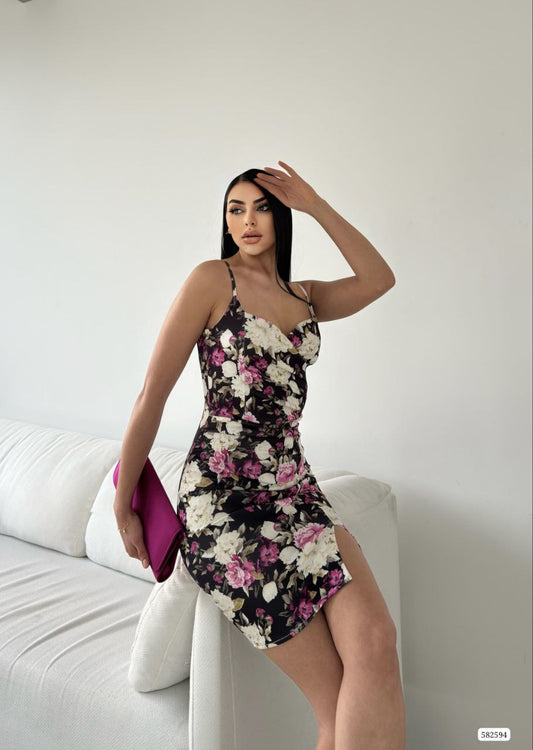 Elegant Floral Asymmetrical Ruffle Dress