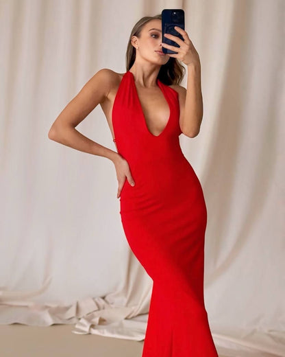 Elegant Mermaid Silhouette Evening Gown with Deep V-Neck