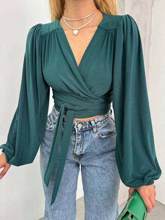 Elegant Wrap Blouse with Voluminous Sleeves