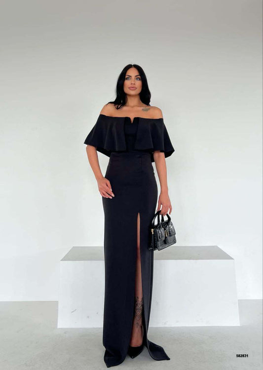 Elegant Off-Shoulder Gown with Ruffled Overlay