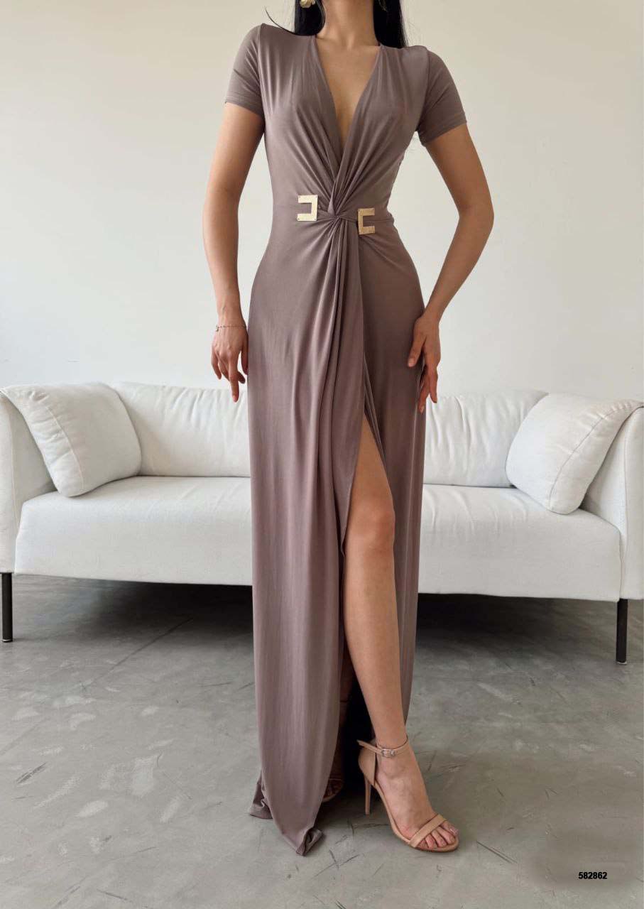 Elegant V-Neck Dress with Gold-Tone Waist Accent and High Slit