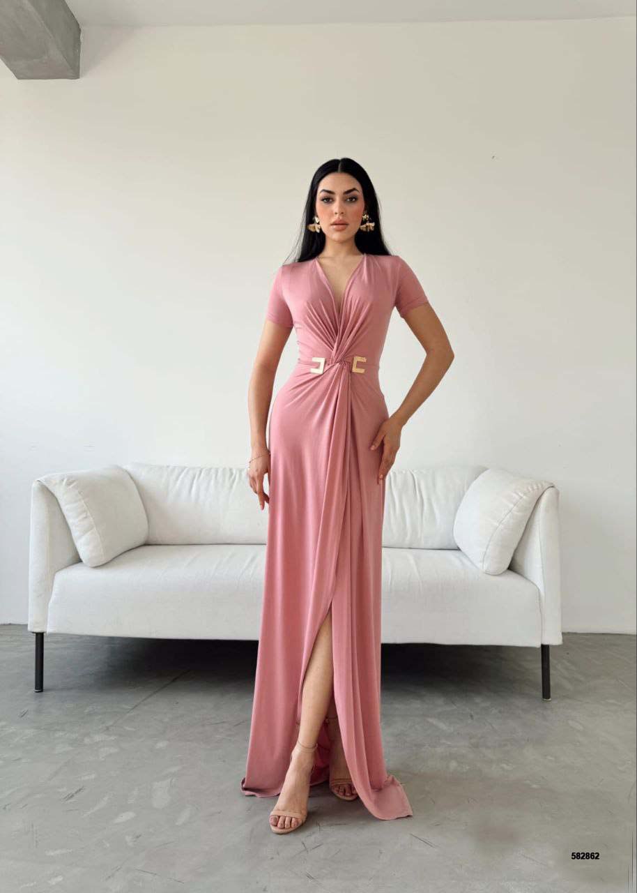 Elegant V-Neck Dress with Gold-Tone Waist Accent and High Slit