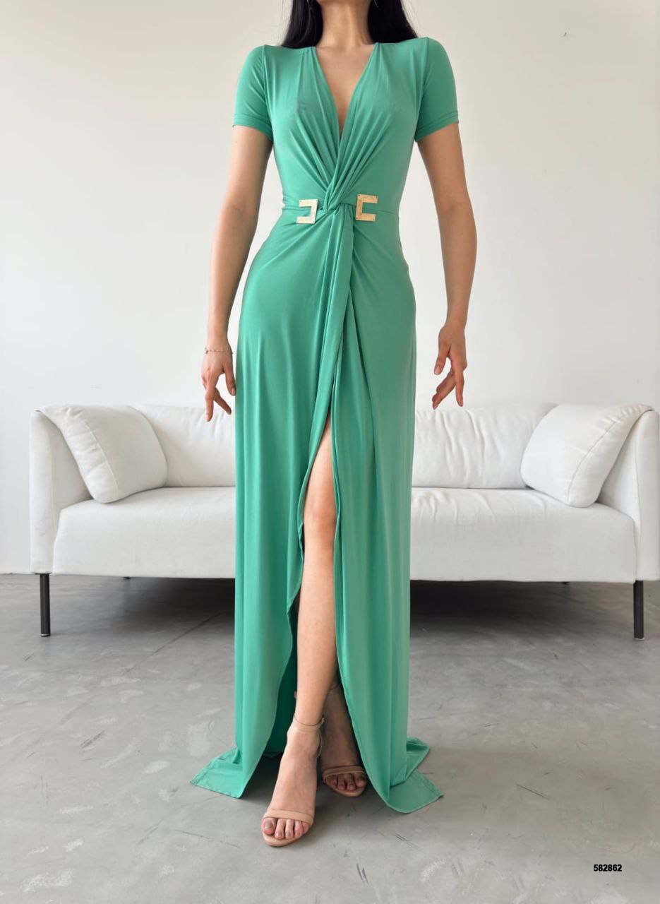 Elegant V-Neck Dress with Gold-Tone Waist Accent and High Slit