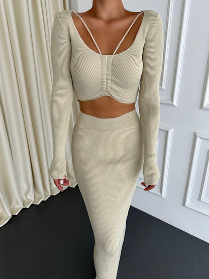 Chic Ribbed Two-Piece Crop Top and Skirt Set