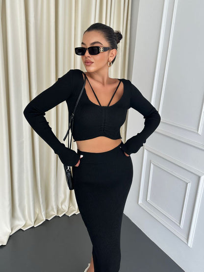 Chic Ribbed Two-Piece Crop Top and Skirt Set