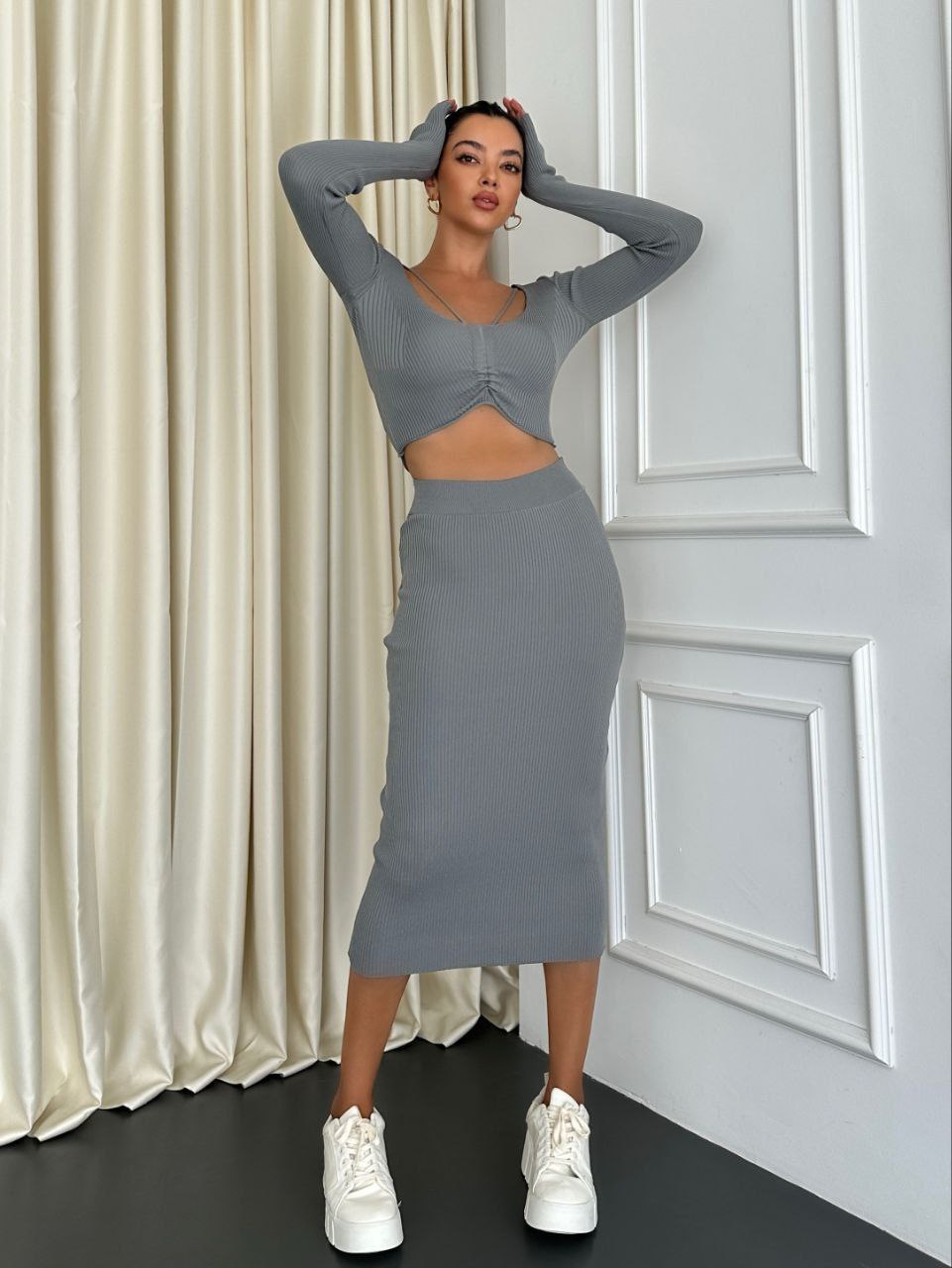 Chic Ribbed Two-Piece Crop Top and Skirt Set