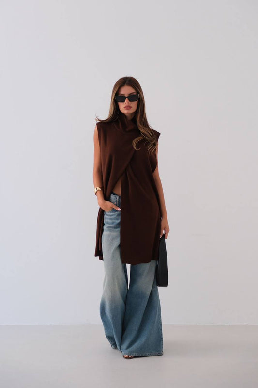 Elegant High-Neck Brown Poncho - Sleek & Versatile