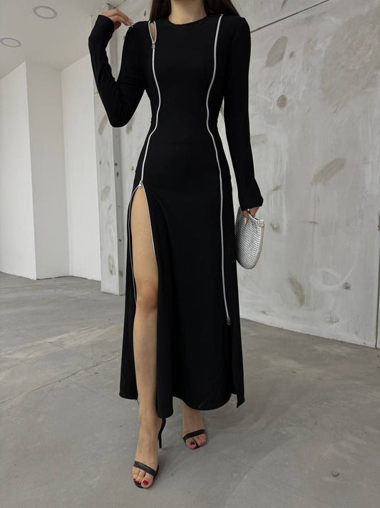 Elegant Long-Sleeve Black Dress with White Piping