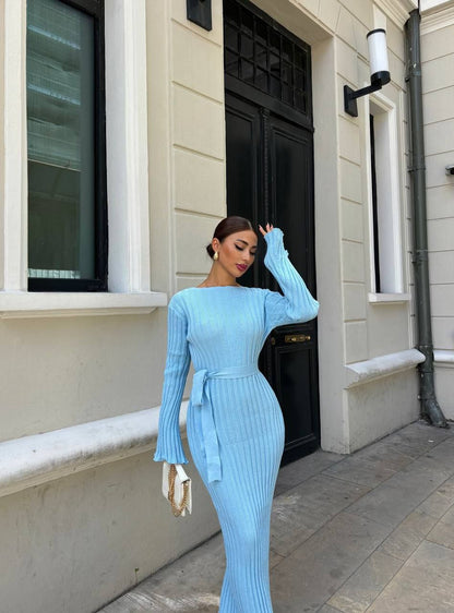 Elegant Long-Sleeve Ribbed Midi Dress