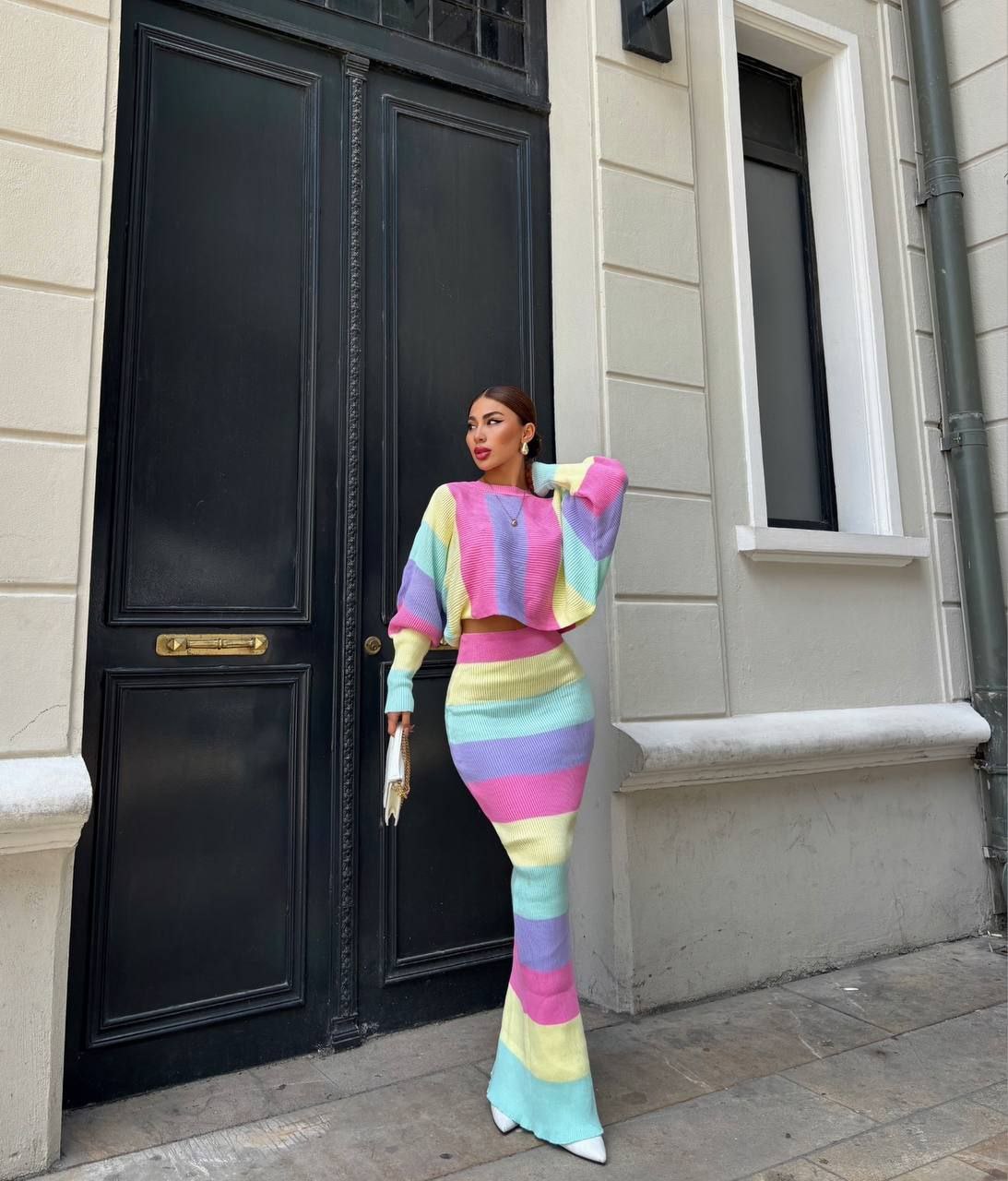 Pastel Rainbow Striped Knit Suit