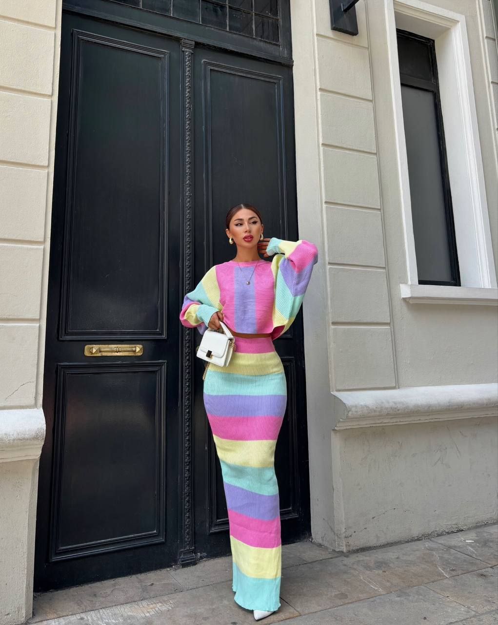 Pastel Rainbow Striped Knit Suit