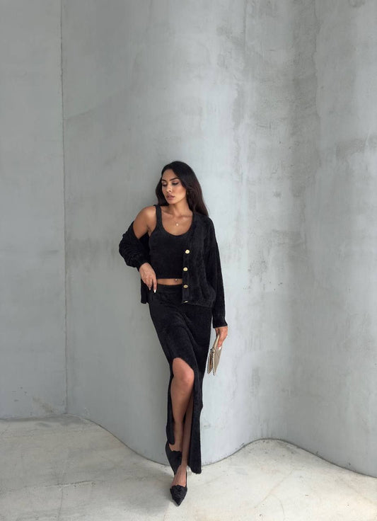 Chic Textured Two-Piece Suit with Crop Top and Slit Flare Skirt