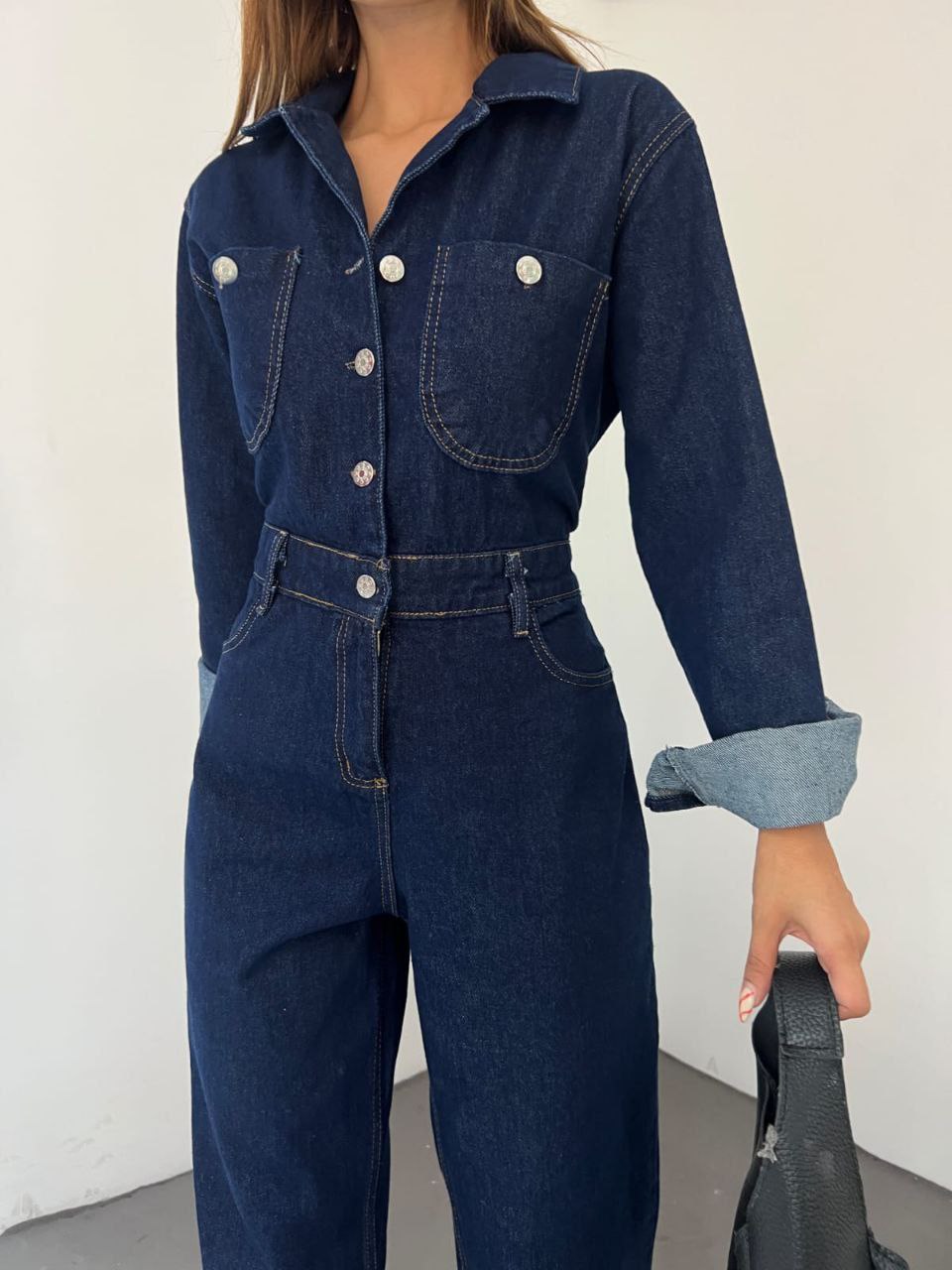 Chic Long-Sleeve Denim Jumpsuit