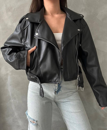 Chic Asymmetrical Zip Black Leather Biker Jacket