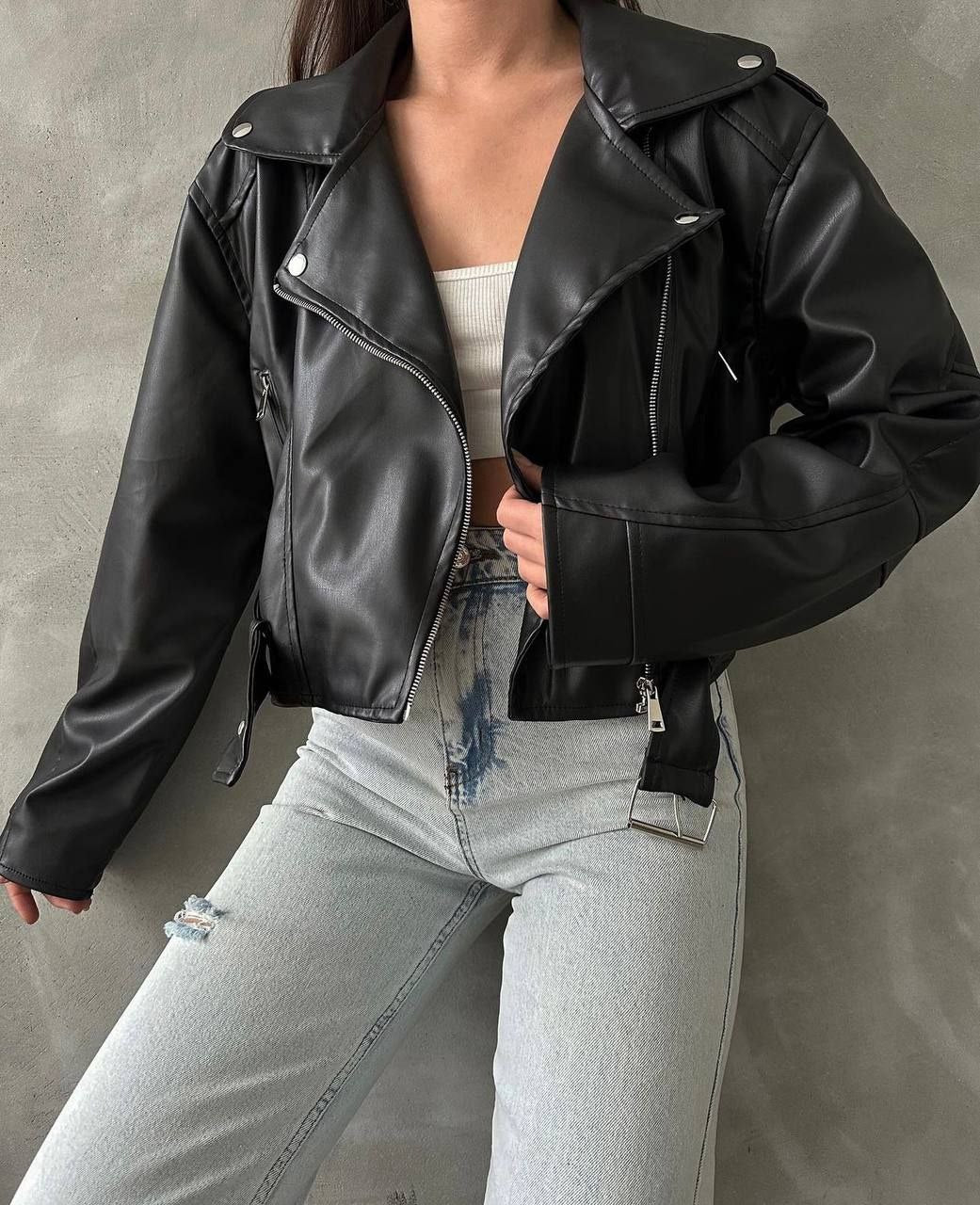 Chic Asymmetrical Zip Black Leather Biker Jacket