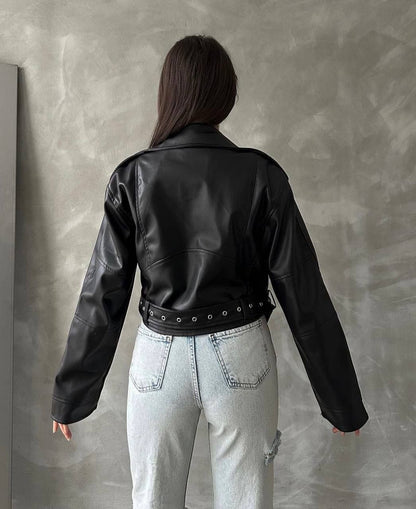 Chic Asymmetrical Zip Black Leather Biker Jacket