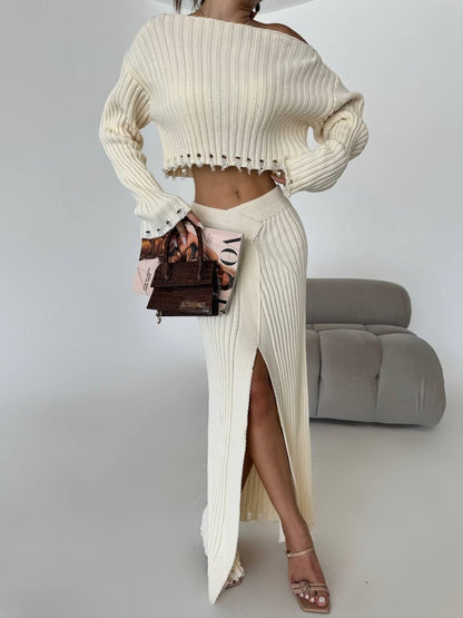 Chic Ribbed Two-Piece Set with High-Slit Skirt